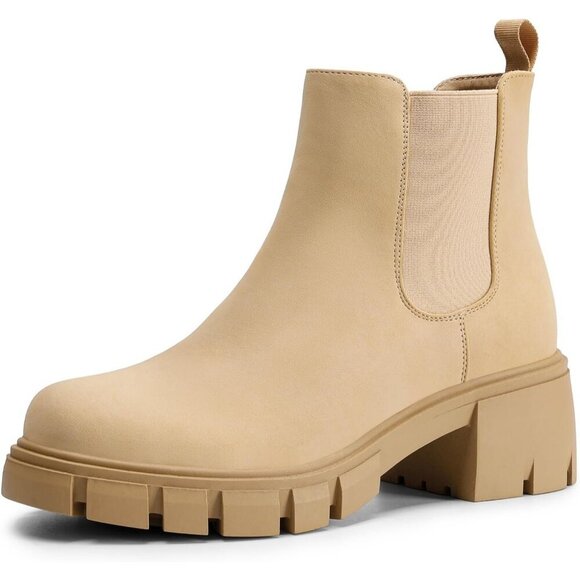 Dream Pairs Shoes - Dream Pairs Womens Nude Polyurethane (PU) Slip On Chunky Platform Ankle Boots